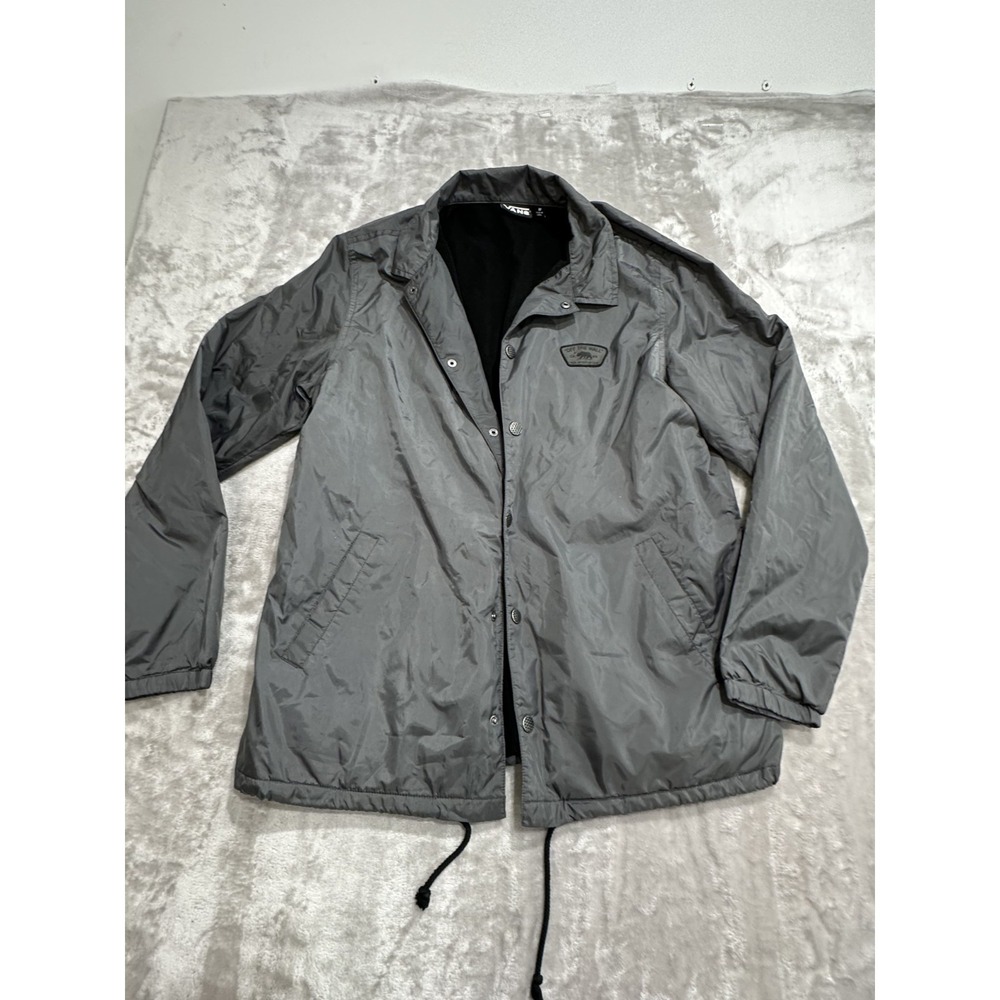 Vans Jacket Men's Size Medium Gray Fleece Lined Button Up Front Logo Tie Off EUC